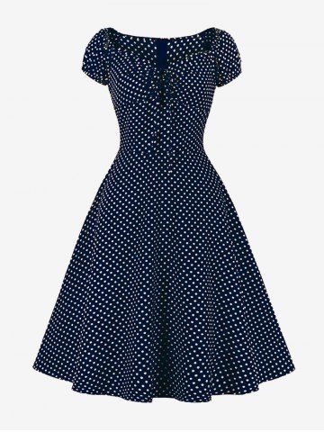 Polka Dots Print Cinched Zipper Back Vintage Dress - BLUE - M