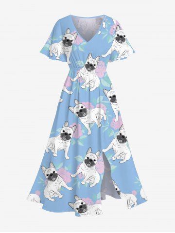 Robe Fendue Chien et Rose Feuille Imprimés de Grande Taille - LIGHT BLUE - L