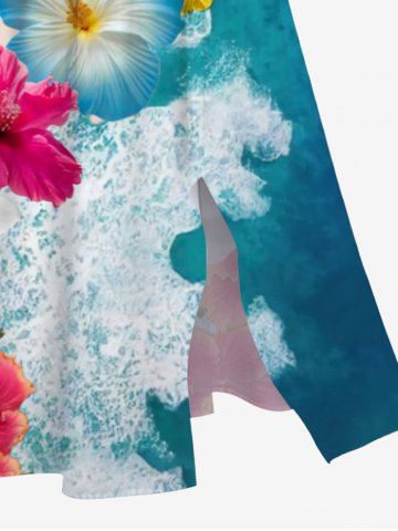Plus Size Flower Sea Beach Print Hawaii Split Pocket A Line Dress