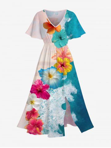 Plus Size Flower Sea Beach Print Hawaii Split Pocket A Line Dress - MULTI-A - M