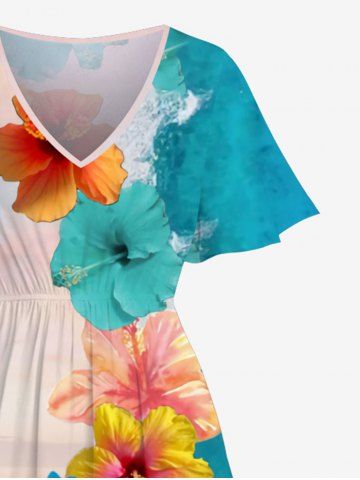 Plus Size Flower Sea Beach Print Hawaii Split Pocket A Line Dress