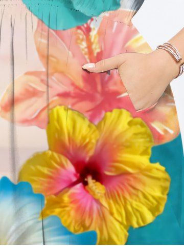 Plus Size Flower Sea Beach Print Hawaii Split Pocket A Line Dress