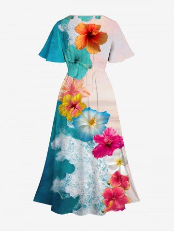 Plus Size Flower Sea Beach Print Hawaii Split Pocket A Line Dress