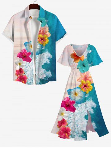 Plus Size Flower Sea Beach Print Hawaii Split Pocket A Line Dress