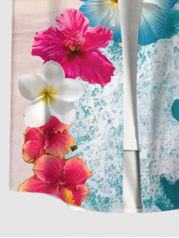 Plus Size Flower Sea Beach Print Hawaii Button Pocket Shirt For Men