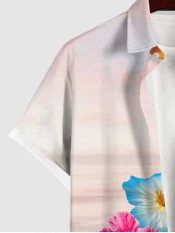 Plus Size Flower Sea Beach Print Hawaii Button Pocket Shirt For Men