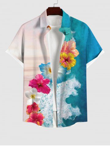 Plus Size Flower Sea Beach Print Hawaii Button Pocket Shirt For Men