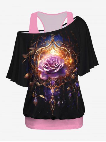 Plus Size Racerback Tank Top and Rose Flower Glitter Gem Tassel 3D Print T-shirt - MULTI-A - S