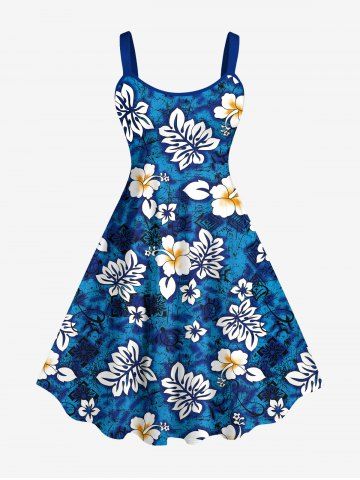 Plus Size Tropical Leaf Hibiscus Flower Tie Dye Print Hawaii Tank Dress - BLUE - S