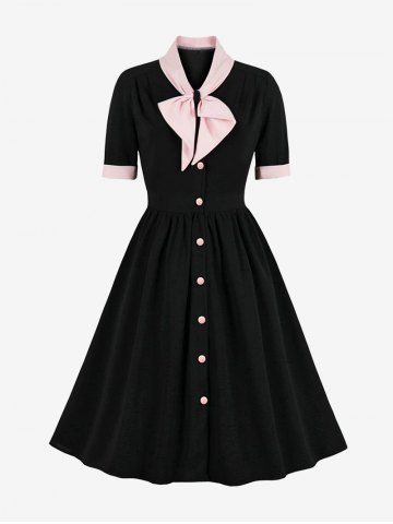 Buttons Down  Bowknot Neck Vintage Dress