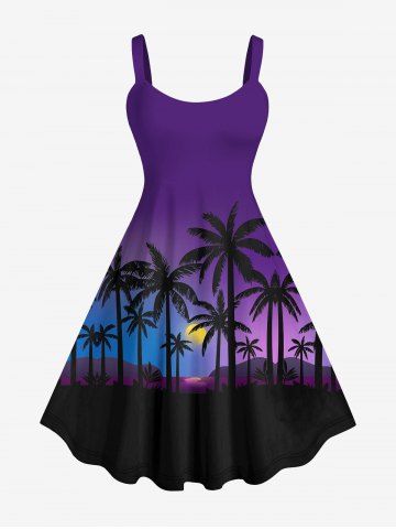 Plus Size Coconut Tree Moon Ombre Sky Print Hawaii Tank Dress - PURPLE - M