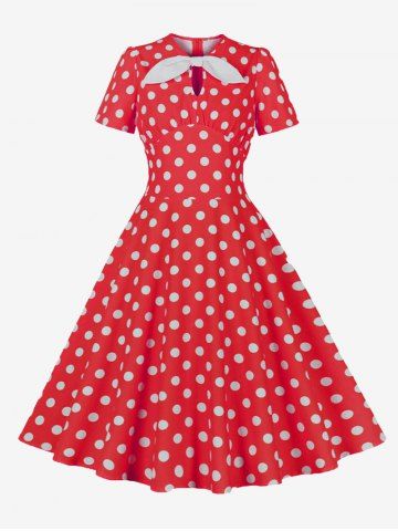 Polka Dots Print Ruched Keyhole Neck Bowknot Vintage Dress - RED - S