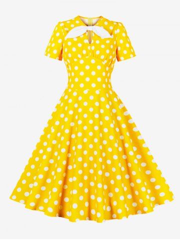 Polka Dots Print Ruched Keyhole Neck Bowknot Vintage Dress - YELLOW - S