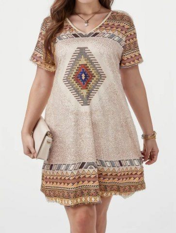 Plus Size Distressed Ethnic Vintage Geometric Pattern Print Dress - LIGHT COFFEE - 1XL