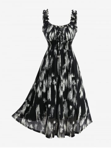 Plus Size Ruffles Cinched Ruched White And Black Tie Dye Print Tank Dress - BLACK - 1X | US 14-16