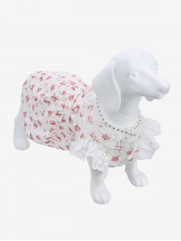 Pet's Flower Print Jacquard Embroidered Lace Trim Patchwork Rivet Button Dress - WHITE - 3XL