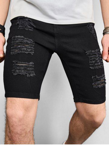 Men's Zipper Fly Distressed Frayed Denim Jean Shorts - BLACK - S