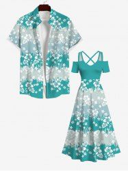 Floral Grass Striped Print Plus Size Matching Hawaii Beach Outfit For Couples -  