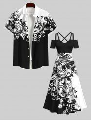 Flower Colorblock Two Tone Print Plus Size Matching Set For Couples -  