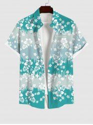 Plus Size Floral Grass Striped Print Hawaii Button Pocket Shirt For Men -  