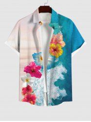 Plus Size Flower Sea Beach Print Hawaii Button Pocket Shirt For Men -  