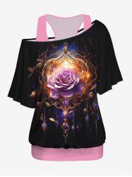 Plus Size Racerback Tank Top and Rose Flower Glitter Gem Tassel 3D Print T-shirt -  