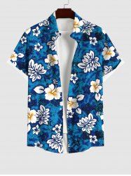 Plus Size Tropical Leaf Hibiscus Flowers Tie Dye Print Buttons Pocket Hawaii Shirt For Men -  