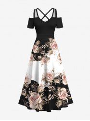 Robe Débardeur Croisée Rose Fleur Imprimée en Blocs de Couleurs à Epaule Dénudée de Grande Taille - Multi-A 5X