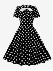 Polka Dots Print Ruched Keyhole Neck Bowknot Vintage Dress -  