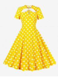 Polka Dots Print Ruched Keyhole Neck Bowknot Vintage Dress -  