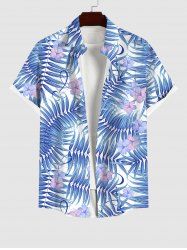 Plus Size Tropical Palm Leaf Flower Print Buttons Pocket Hawaii Shirt For Men -  