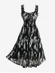 Plus Size Ruffles Cinched Ruched White And Black Tie Dye Print Tank Dress -  