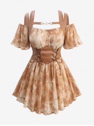 Plus Size Tie Dye Leaf Print Chain Panel PU Leafther Strapy Lace Up Corset 2 In 1 Cold Shoulder Plisse Blouse -  