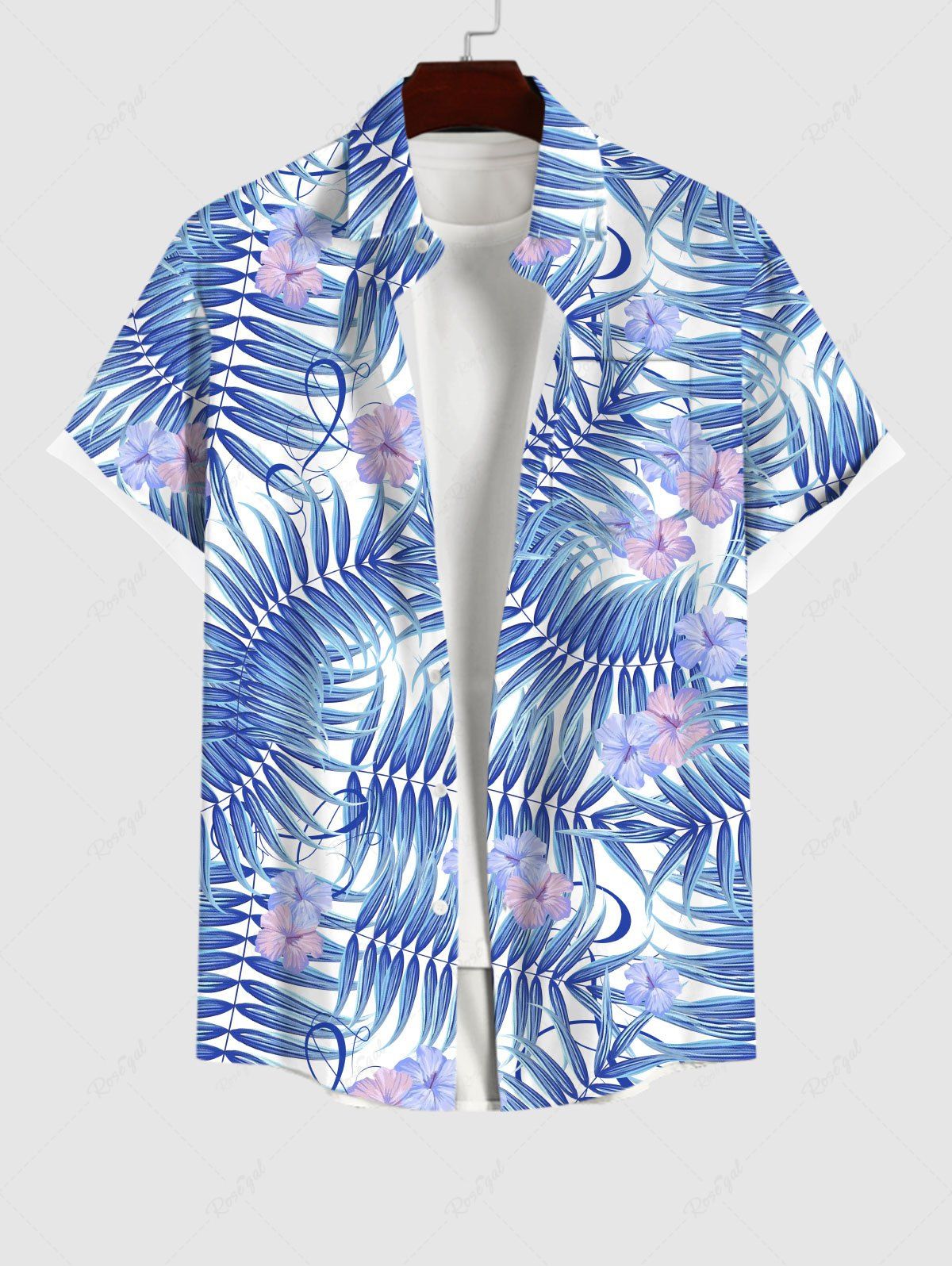Unique Plus Size Tropical Palm Leaf Flower Print Buttons Pocket Hawaii Shirt For Men  