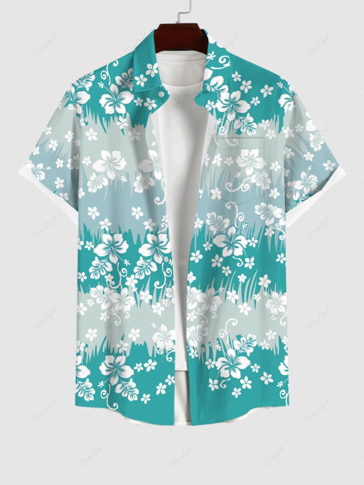 Fashion Plus Size Floral Grass Striped Print Hawaii Button Pocket Shirt For Men  