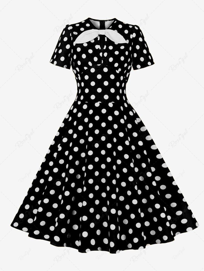 Cheap Polka Dots Print Ruched Keyhole Neck Bowknot Vintage Dress  