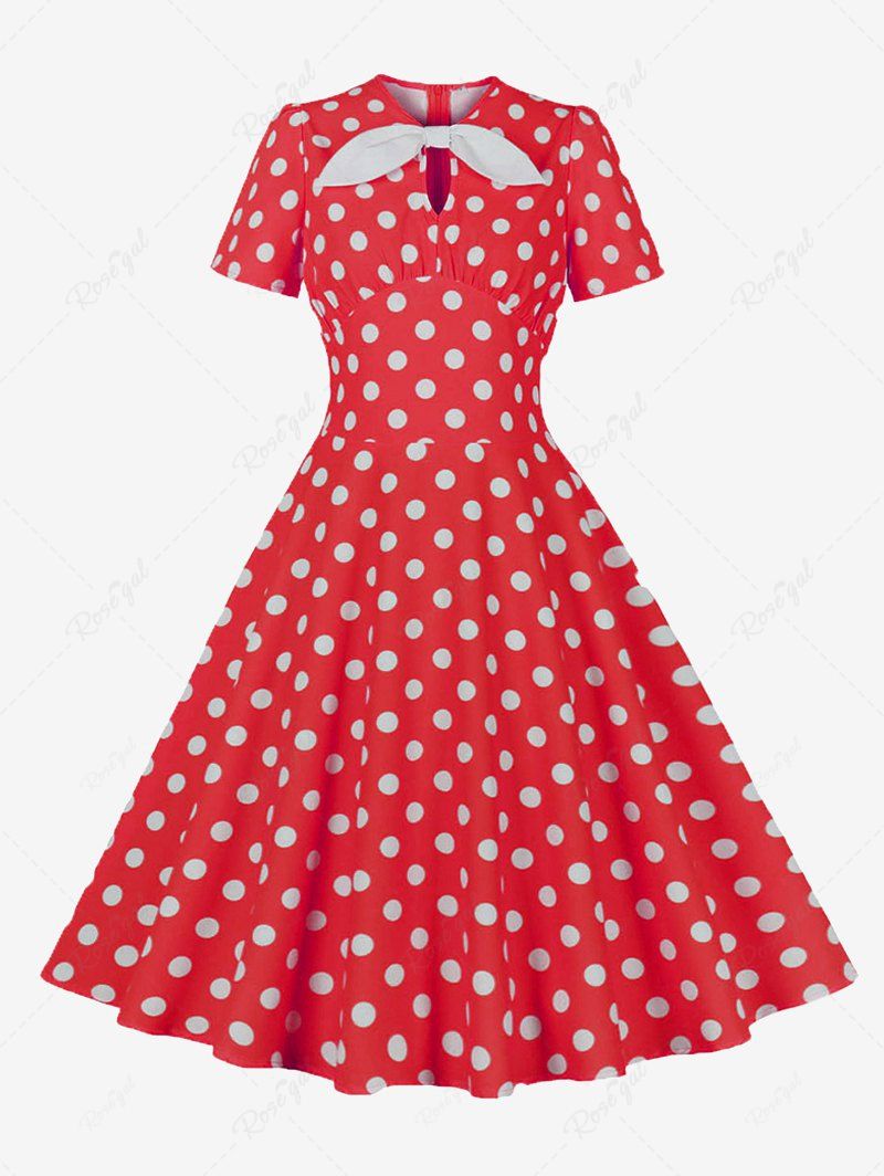 Hot Polka Dots Print Ruched Keyhole Neck Bowknot Vintage Dress  