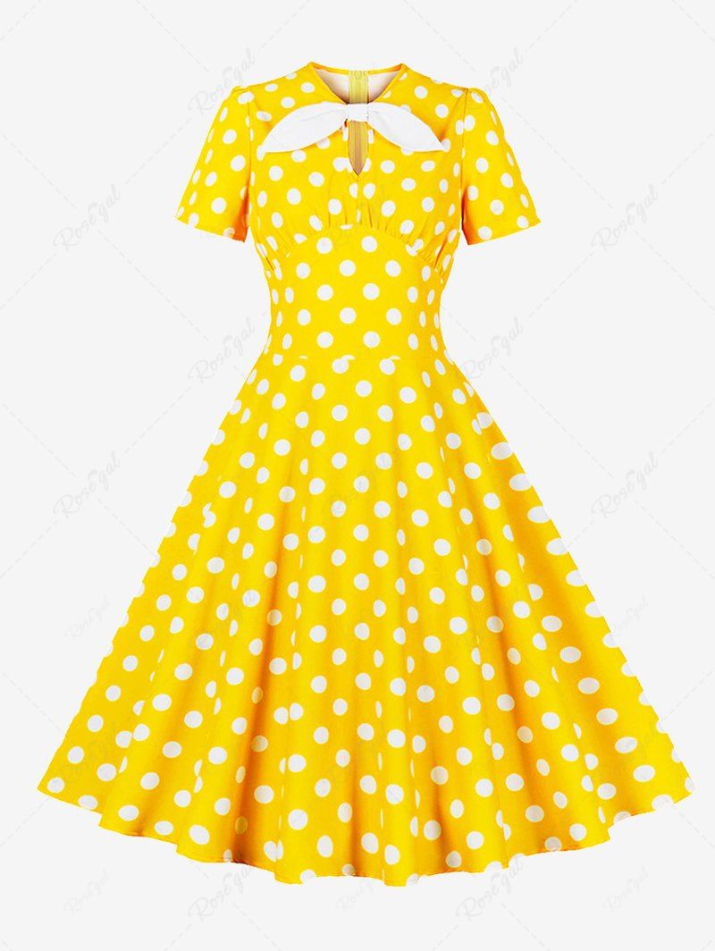 Best Polka Dots Print Ruched Keyhole Neck Bowknot Vintage Dress  