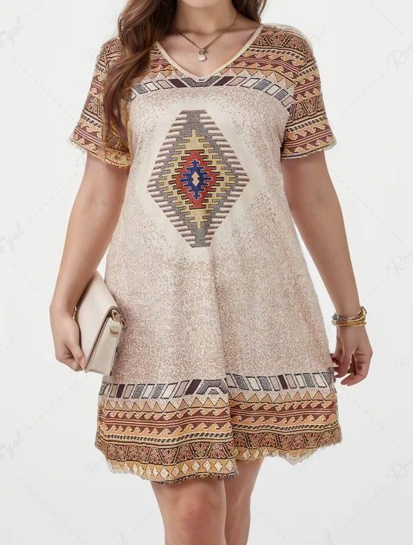 Chic Plus Size Distressed Ethnic Vintage Geometric Pattern Print Dress  