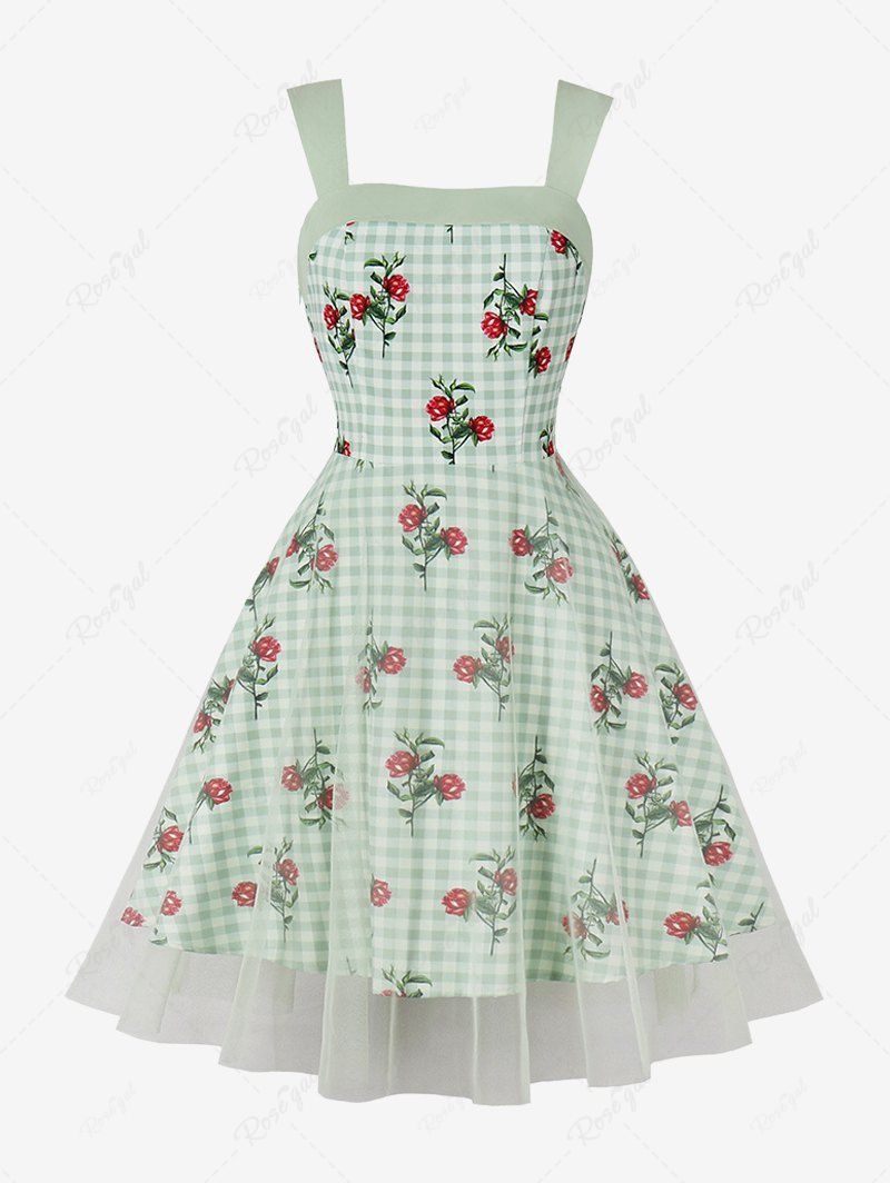 Chic Rose Flowers Leaf Plaid Print Ruched Back Mesh Tank Vintage Dress  