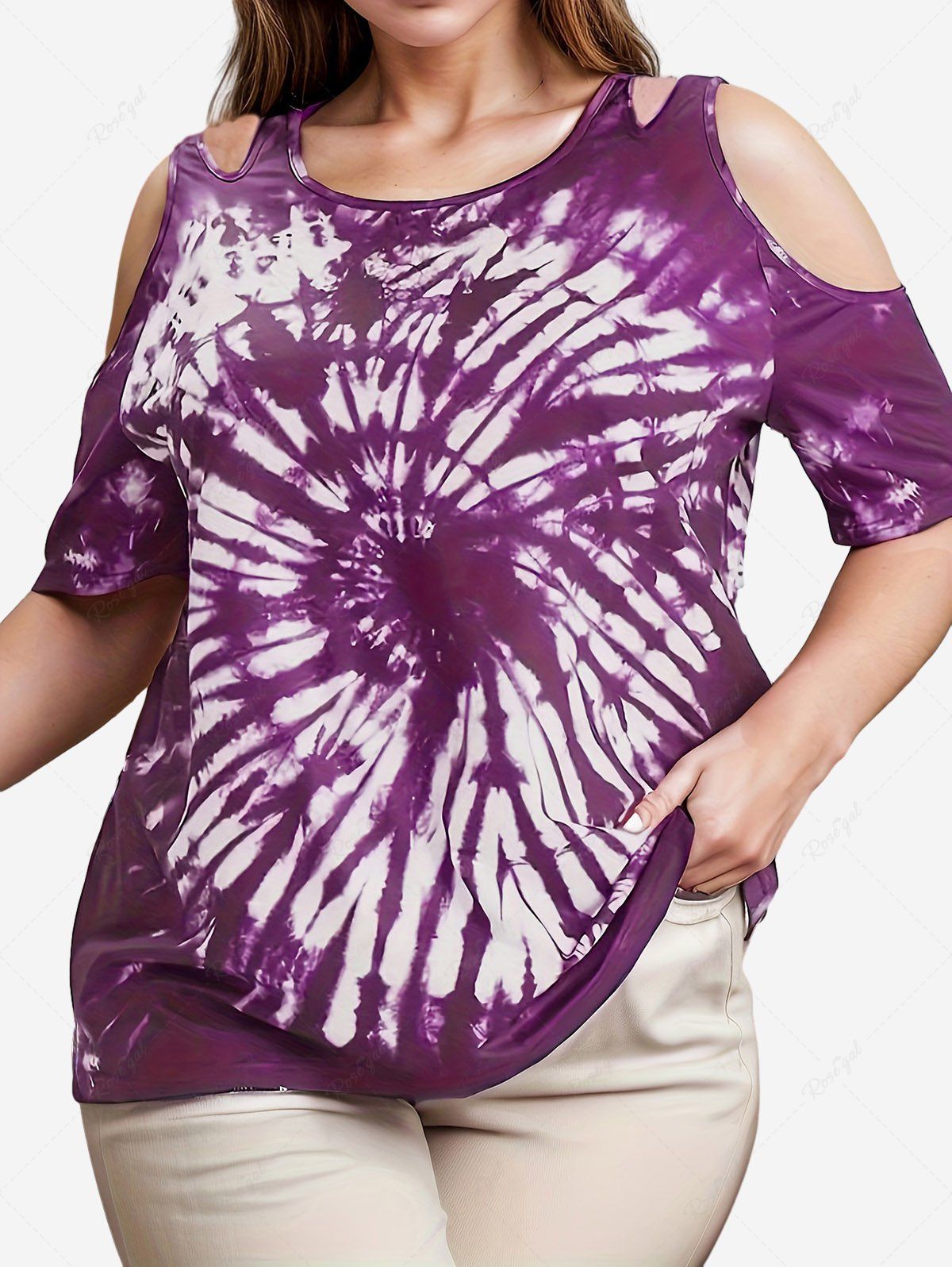 T-shirt Evidé Teinté Imprimé à Epaule Dénudée de Grande Taille Pourpre  5XL