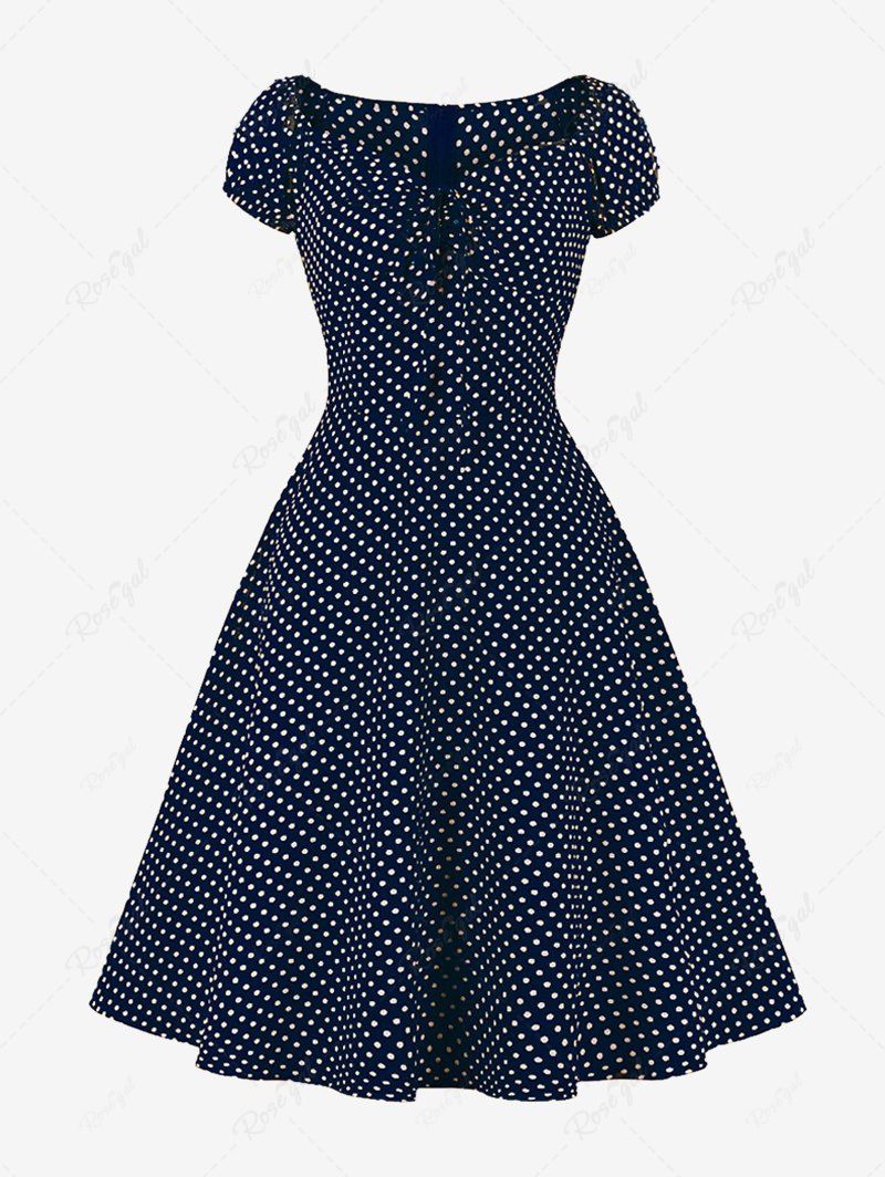 Sale Polka Dots Print Cinched Zipper Back Vintage Dress  