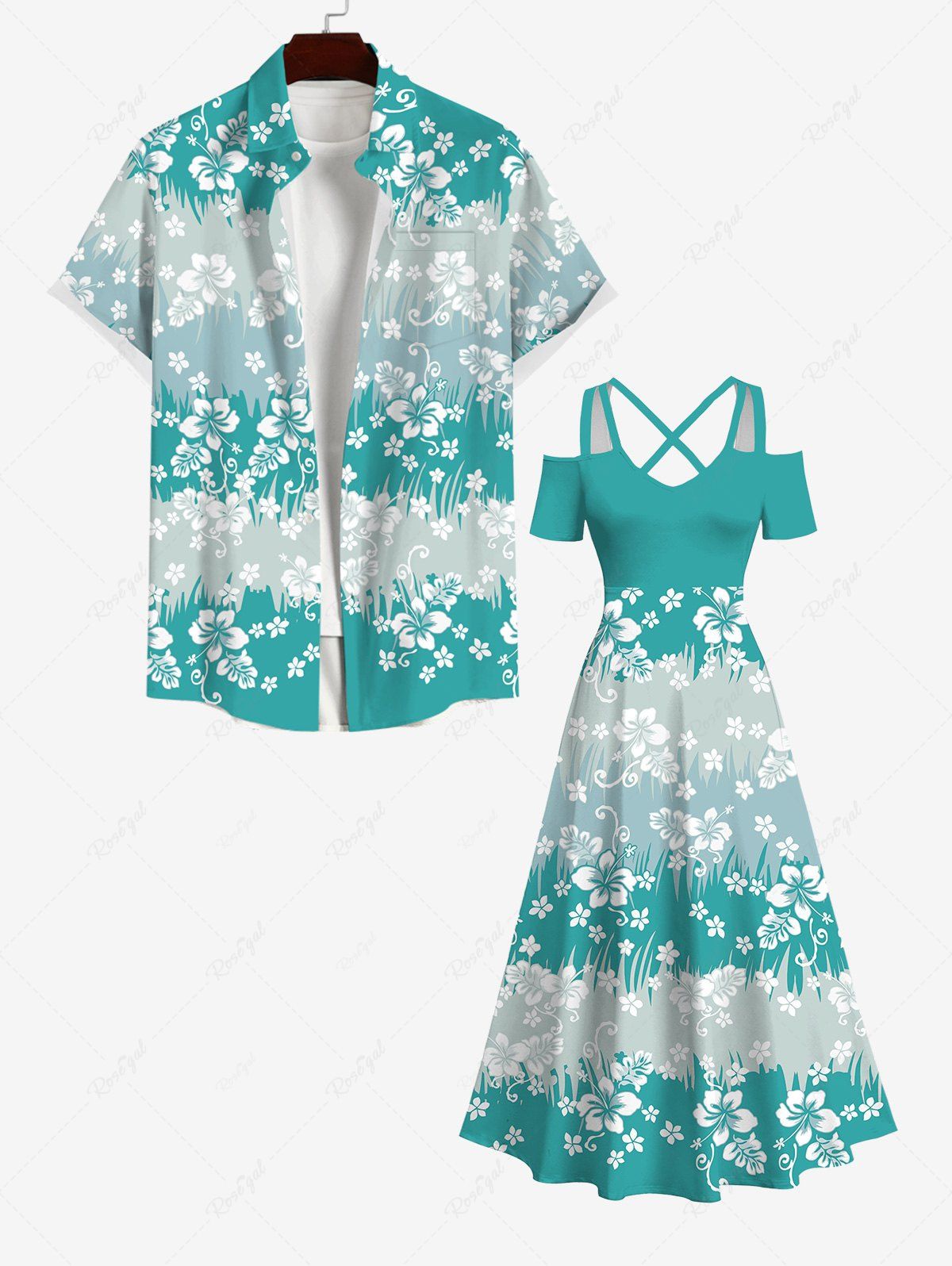 Outfits Floral Grass Striped Print Plus Size Matching Hawaii Beach Outfit For Couples  