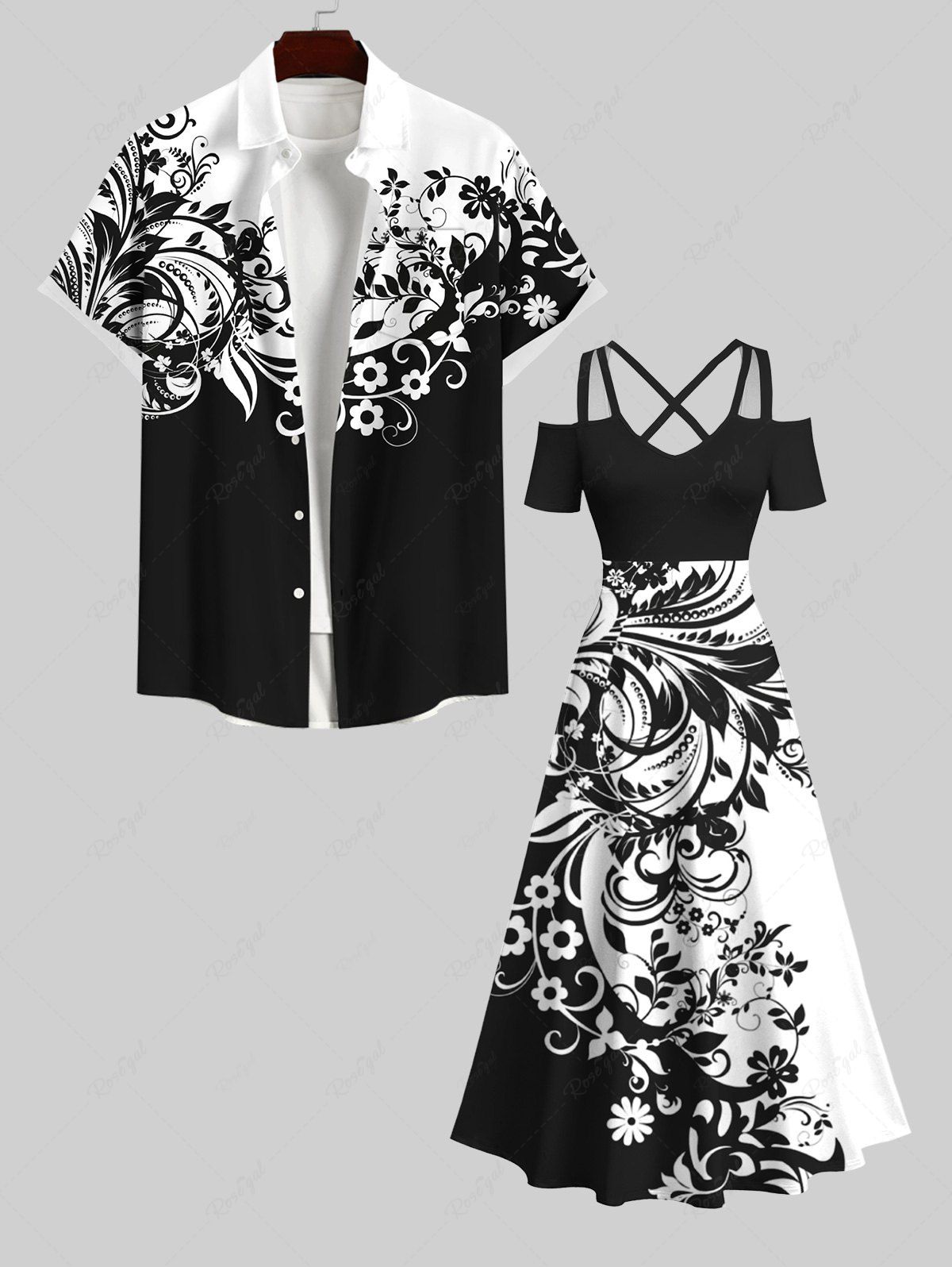 Chic Flower Colorblock Two Tone Print Plus Size Matching Set For Couples  
