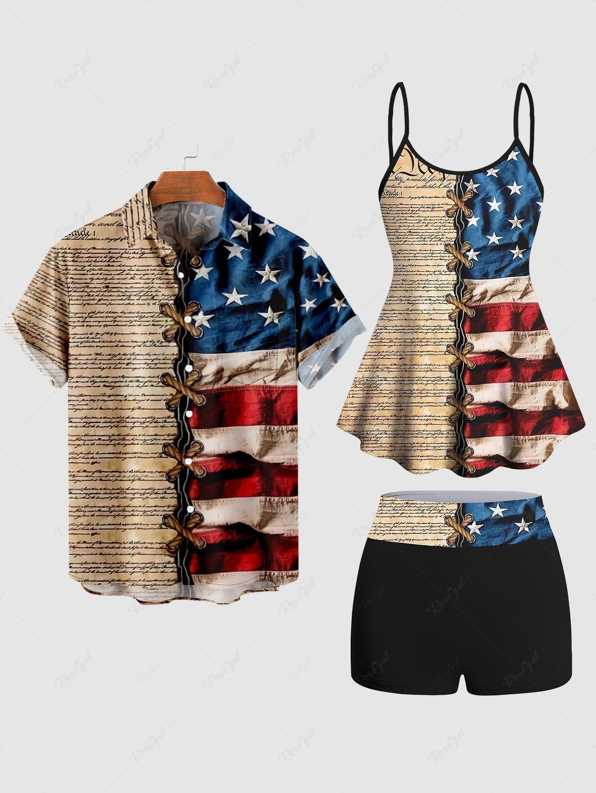 Online 3D Lace Up Patriotic American Flag Newspaper Print Plus Size Matching Set For Couples  