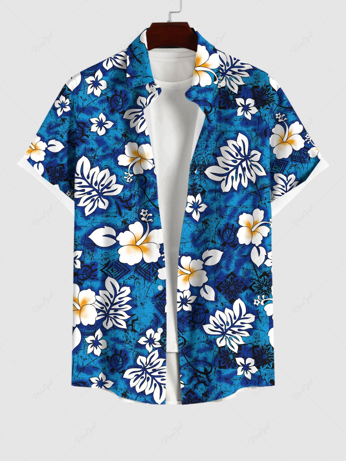 Cheap Plus Size Tropical Leaf Hibiscus Flowers Tie Dye Print Buttons Pocket Hawaii Shirt For Men  
