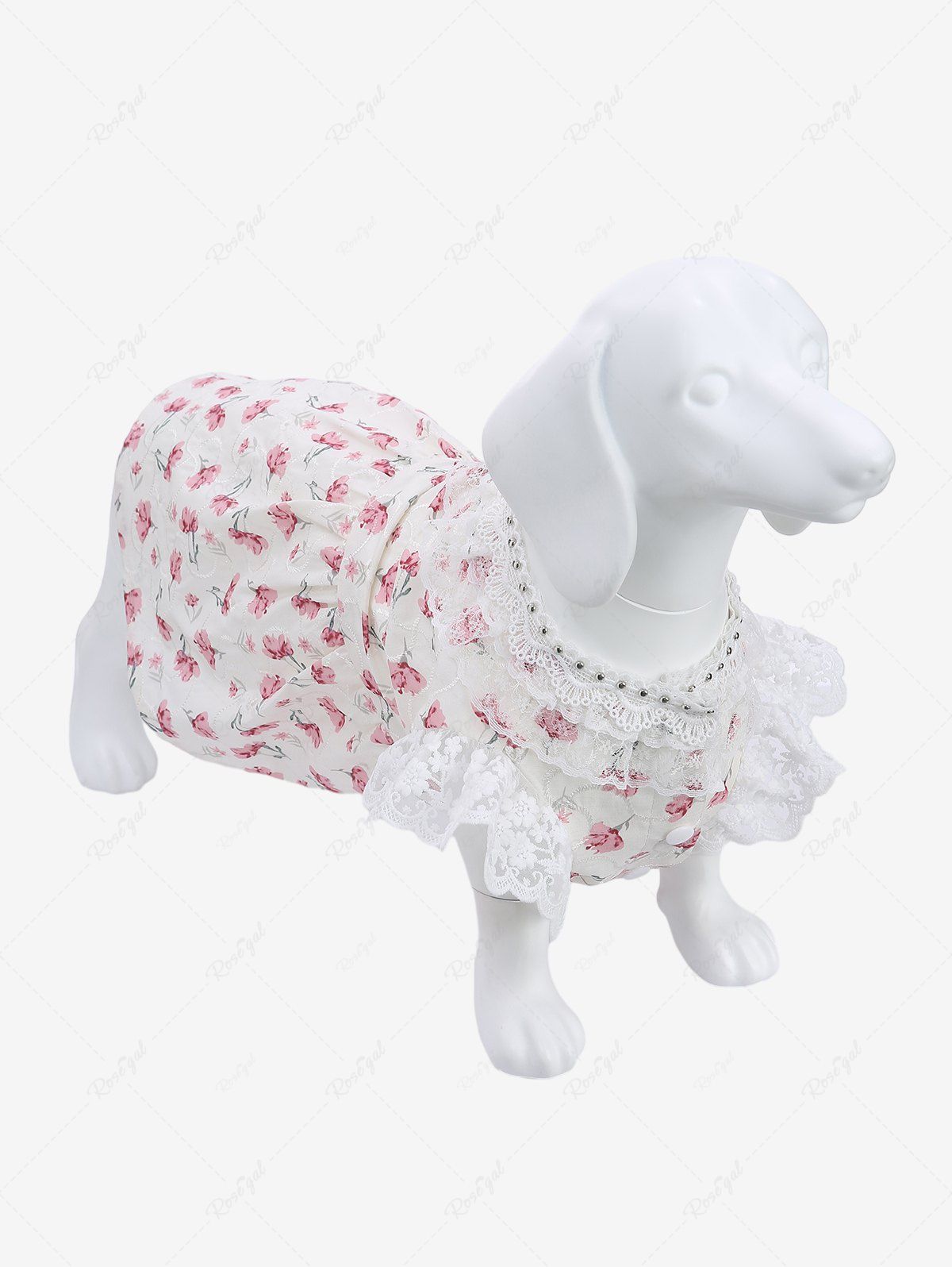 Affordable Pet's Flower Print Jacquard Embroidered Lace Trim Patchwork Rivet Button Dress  