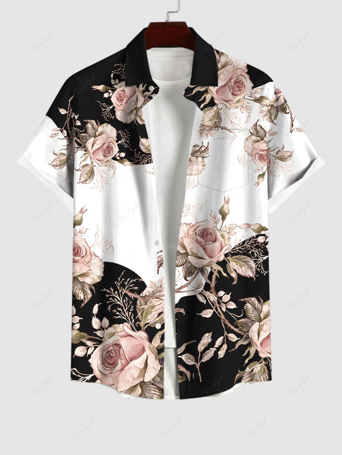 Latest Plus Size Rose Flower Colorblock Print Shirt For Men  