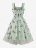 Rose Flowers Leaf Plaid Print Ruched Back Mesh Tank Vintage Dress -  