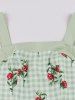 Rose Flowers Leaf Plaid Print Ruched Back Mesh Tank Vintage Dress -  